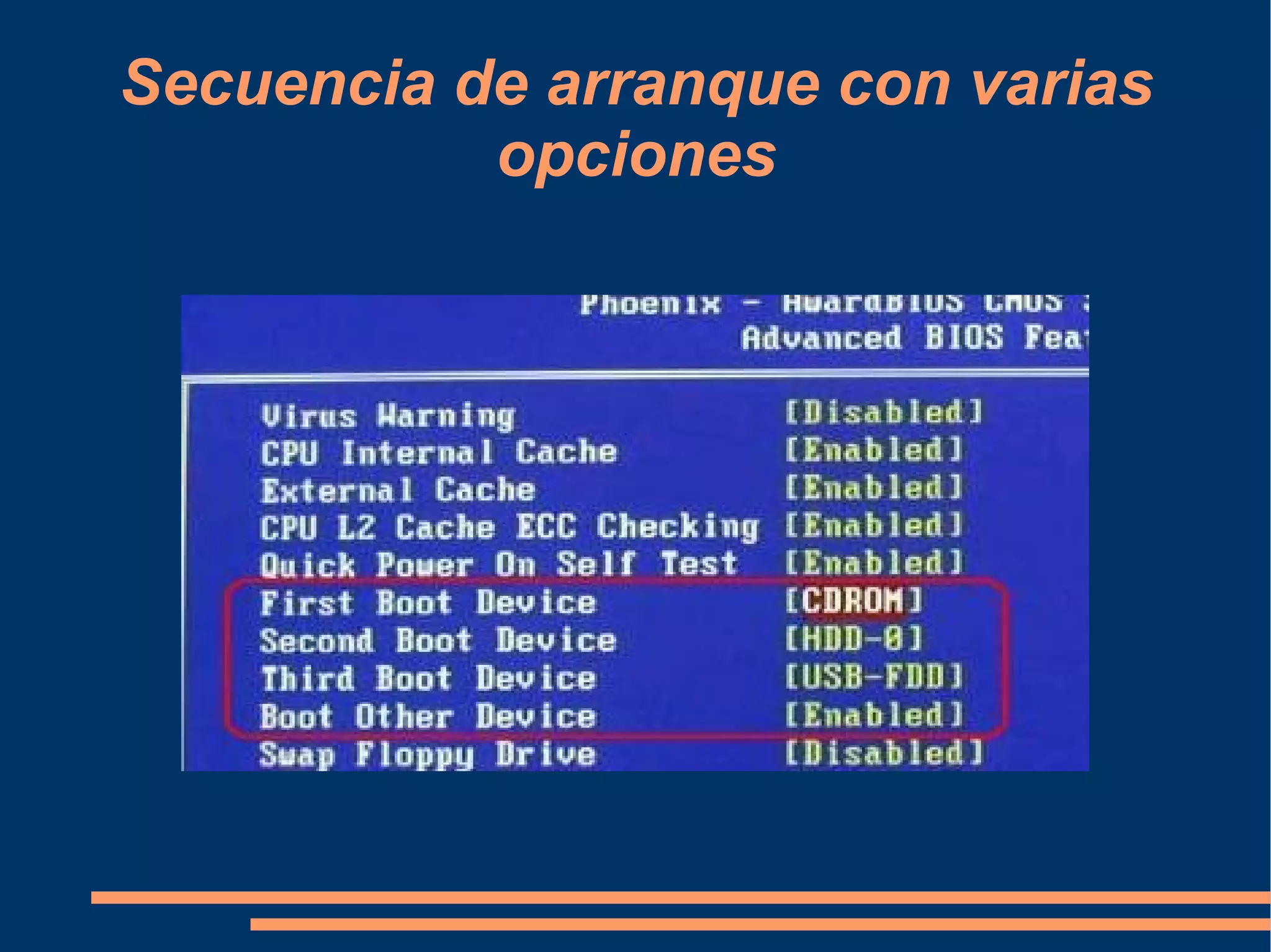Secuencia de arranque con varias opciones 