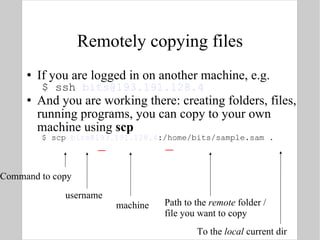 Remotely copying files If you are logged in on another machine, e.g. $ ssh  [email_address] And you are working there: creating folders, files, running programs, you can copy to your own machine using  scp $ scp  [email_address] :/home/bits/sample.sam . Command to copy username machine Path to the  remote  folder / file you want to copy To the  local  current dir  