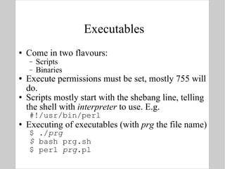 Executables Come in two flavours: Scripts Binaries Execute permissions must be set, mostly 755 will do. Scripts mostly start with the shebang line, telling the shell with  interpreter  to use. E.g. #!/usr/bin/perl Executing of executables (with  prg  the file name) $ ./ prg $  bash prg.sh $ perl  prg .pl  