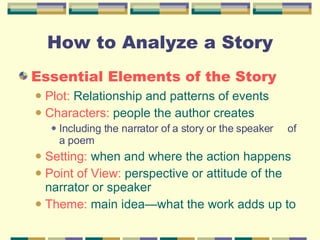 How to Analyze a Story Essential Elements of the Story Plot:  Relationship and patterns of events Characters:  people the author creates Including the narrator of a story or the speaker  of a poem Setting:  when and where the action happens Point of View:  perspective or attitude of the narrator or speaker Theme:  main idea—what the work adds up to 