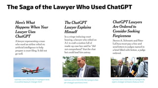 The Saga of the Lawyer Who Used ChatGPT
nytimes.com/2023/06/08/nyregion/law
yer-chatgpt-sanctions.html
nytimes.com/2023/05/27/nyregion/avia
nca-airline-lawsuit-chatgpt.html
nytimes.com/2023/06/22/nyregion/la
wyers-chatgpt-schwartz-loduca.html
 