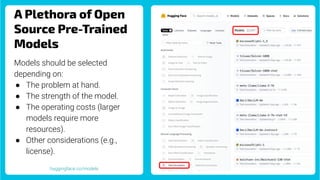 A Plethora of Open
Source Pre-Trained
Models
huggingface.co/models
Models should be selected
depending on:
● The problem at hand.
● The strength of the model.
● The operating costs (larger
models require more
resources).
● Other considerations (e.g.,
license).
 