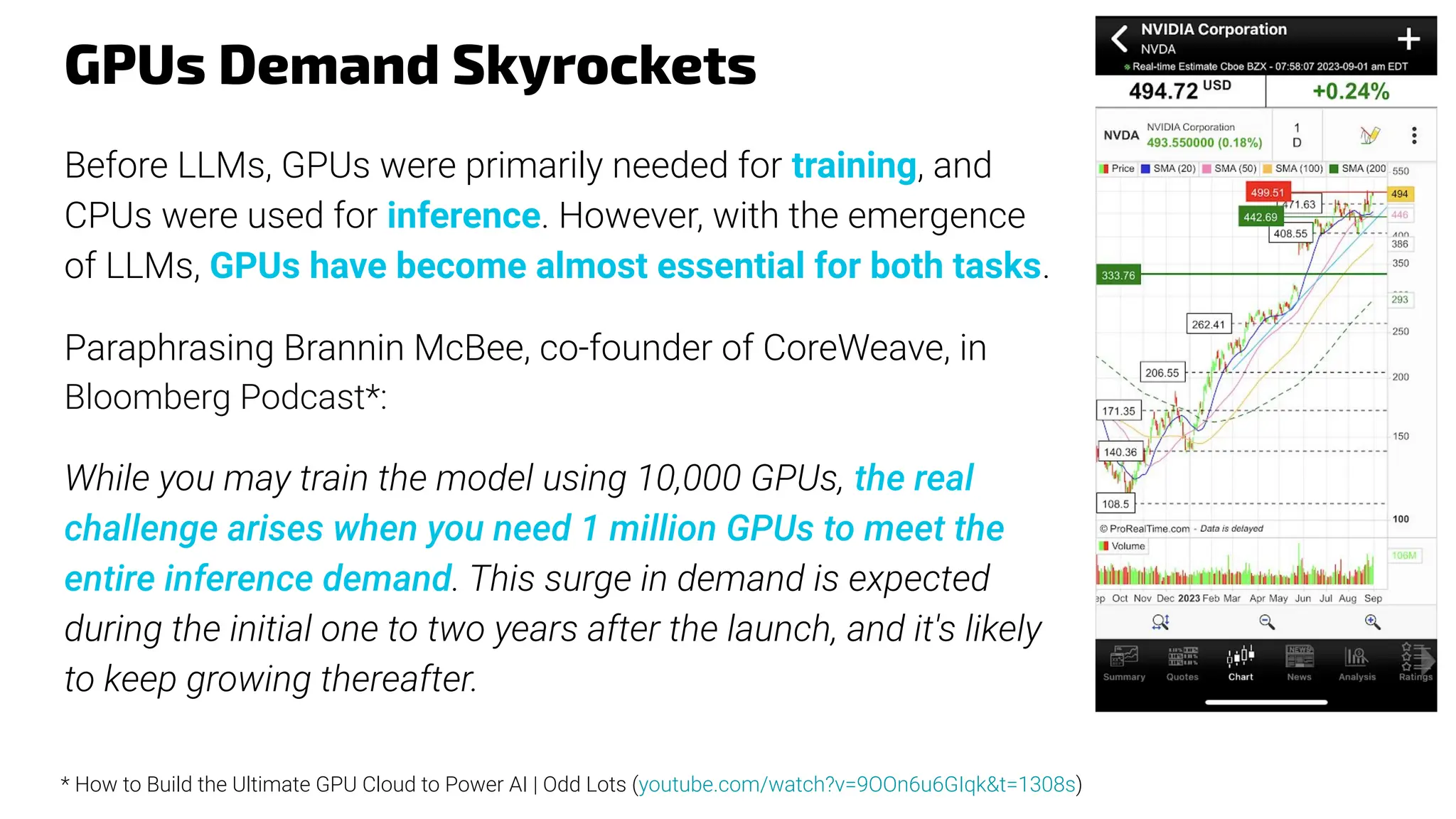 GPUs Demand Skyrockets
Before LLMs, GPUs were primarily needed for training, and
CPUs were used for inference. However, with the emergence
of LLMs, GPUs have become almost essential for both tasks.
Paraphrasing Brannin McBee, co-founder of CoreWeave, in
Bloomberg Podcast*:
While you may train the model using 10,000 GPUs, the real
challenge arises when you need 1 million GPUs to meet the
entire inference demand. This surge in demand is expected
during the initial one to two years after the launch, and it's likely
to keep growing thereafter.
* How to Build the Ultimate GPU Cloud to Power AI | Odd Lots (youtube.com/watch?v=9OOn6u6GIqk&t=1308s)
 