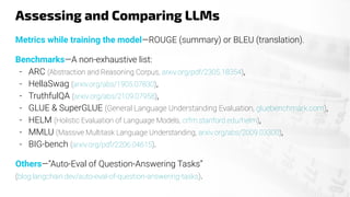 Assessing and Comparing LLMs
Metrics while training the model—ROUGE (summary) or BLEU (translation).
Benchmarks—A non-exhaustive list:
- ARC (Abstraction and Reasoning Corpus, arxiv.org/pdf/2305.18354),
- HellaSwag (arxiv.org/abs/1905.07830),
- TruthfulQA (arxiv.org/abs/2109.07958),
- GLUE & SuperGLUE (General Language Understanding Evaluation, gluebenchmark.com),
- HELM (Holistic Evaluation of Language Models, crfm.stanford.edu/helm),
- MMLU (Massive Multitask Language Understanding, arxiv.org/abs/2009.03300),
- BIG-bench (arxiv.org/pdf/2206.04615).
Others—“Auto-Eval of Question-Answering Tasks”
(blog.langchain.dev/auto-eval-of-question-answering-tasks).
 