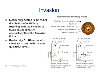 21 Intro to Well Logging Restored
Invasion
 Resistivity profile is the radial
distribution of resisitivity
resulting from the invasion of
fluids having different
conductivity than the formation
fluids.
 Resistivity Profiles can tell a
client about permeability on a
qualitative level.
 