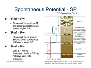 7 Intro to Well Logging Restored
Spontaneous Potential - SP
 If Rmf > Rw
– Shales will have a low SP
and clean sandstones will
have a higher SP.
 If Rmf < Rw
– Shales will have a high
SP and clean sandstones
will have a lower SP.
 If Rmf = Rw
– Little SP will be
developed and the SP log
will have very little
character.
 