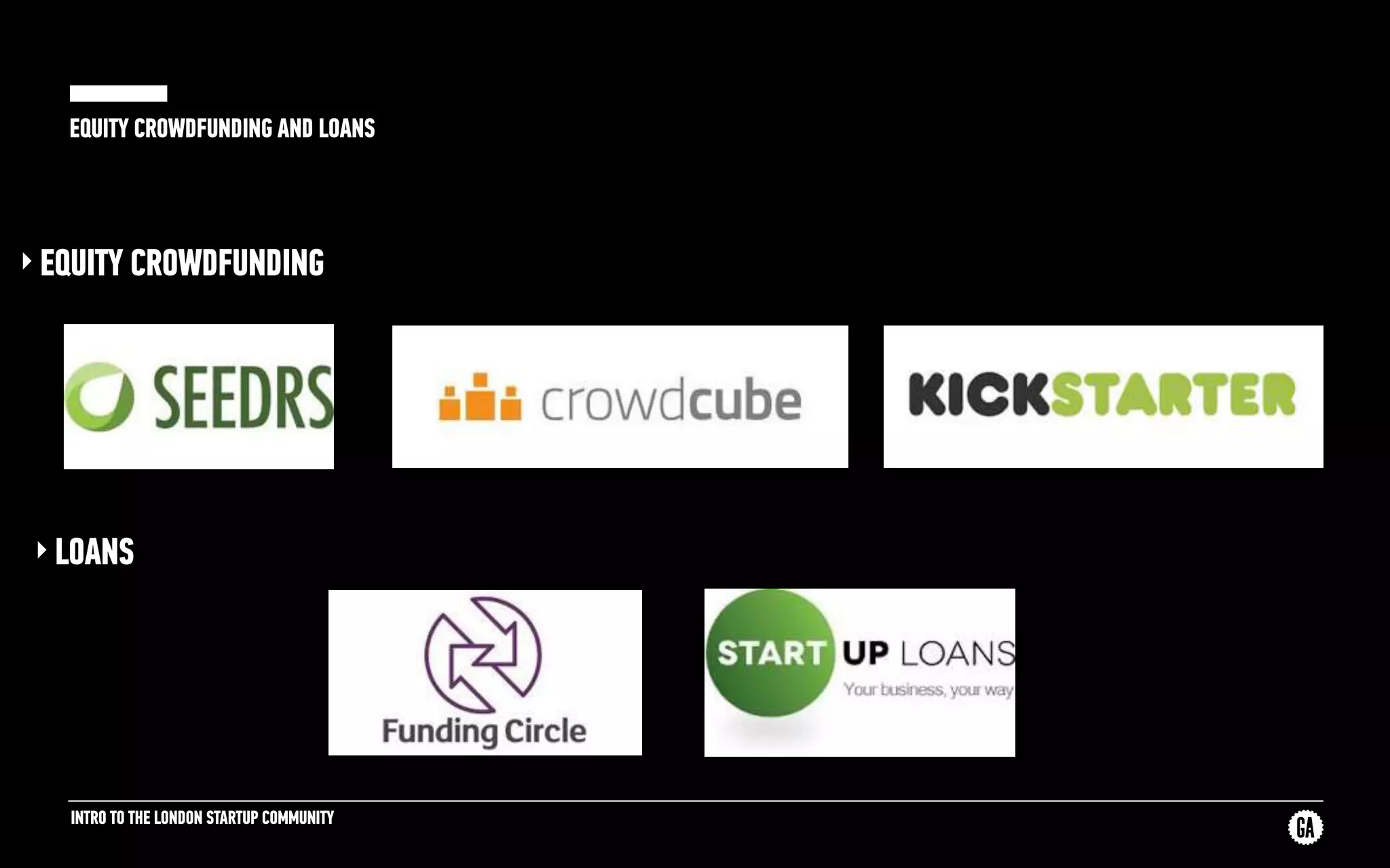 INTRO TO THE LONDON STARTUP COMMUNITY
EQUITY CROWDFUNDING AND LOANS
‣ EQUITY CROWDFUNDING
‣ LOANS
 