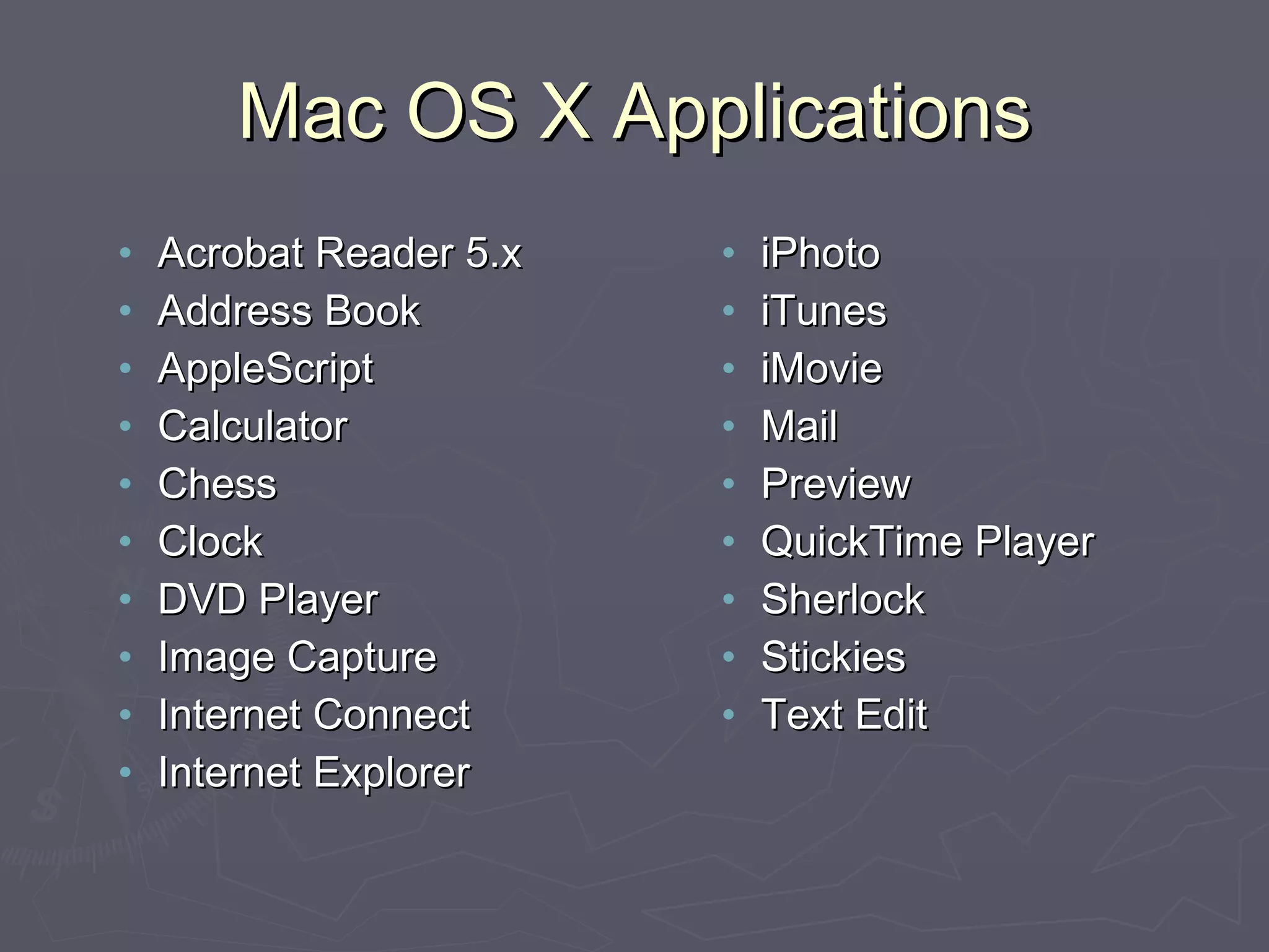 Mac OS X Applications Acrobat Reader 5.x Address Book AppleScript Calculator Chess Clock DVD Player Image Capture Internet Connect Internet Explorer iPhoto iTunes iMovie Mail Preview QuickTime Player Sherlock Stickies Text Edit 