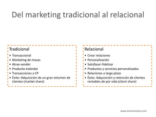 Del marketing tradicional al relacional


Tradicional                                    Relacional
•   Transaccional                              •   Crear relaciones
•   Marketing de masas                         •   Personalización
•   Atrae-vender                               •   Satisfacer-fidelizar
•   Producto estándar                          •   Productos y servicios personalizados
•   Transacciones a CP                         •   Relaciones a largo plazo
•   Éxito: Adquisición de un gran volumen de   •   Éxito: Adquisición y retención de clientes
    clientes (market share)                        rentables de por vida (client share)




                                                                           www.marlonmelara.com
 