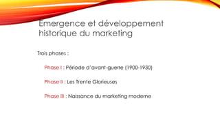 Trois phases :
Phase I : Période d’avant-guerre (1900-1930)
Phase II : Les Trente Glorieuses
Phase III : Naissance du marketing moderne
21
Émergence et développement
historique du marketing
 