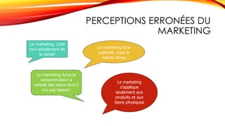PERCEPTIONS ERRONÉES DU
MARKETING
3
Le marketing, c’est
tout simplement de
la vente!
Le marketing force le
consommateur a
acheté des biens dont il
n’a pas besoin!
Le marketing et la
publicité, c’est la
même chose
Le marketing
s’applique
seulement aux
produits et aux
biens physiques
 