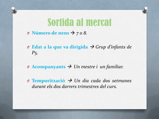 Sortida al mercat
O Número de nens  7 o 8.


O Edat a la que va dirigida    Grup d’infants de
  P5.

O Acompanyants  Un mestre i un familiar.


O Temporització     Un dia cada dos setmanes
  durant els dos darrers trimestres del curs.
 