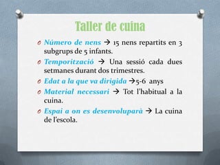 Taller de cuina
O Número de nens  15 nens repartits en 3
    subgrups de 5 infants.
O   Temporització  Una sessió cada dues
    setmanes durant dos trimestres.
O   Edat a la que va dirigida 5-6 anys
O   Material necessari  Tot l’habitual a la
    cuina.
O   Espai a on es desenvoluparà  La cuina
    de l’escola.
 