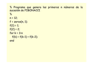 % Programa que genera los primeros n números de la
sucesión de FIBONACCI
%
n = 12;
f = zeros(n, 1);
f(1) = 1;
f(2) = 2;
for k = 3:n
f(k) = f(k-1) + f(k-2);
end
 