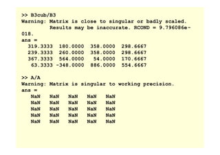 >> B3cub/B3
Warning: Matrix is close to singular or badly scaled.
Results may be inaccurate. RCOND = 9.796086e-
018.
ans =
319.3333 180.0000 358.0000 298.6667
239.3333 260.0000 358.0000 298.6667
367.3333 564.0000 54.0000 170.6667
63.3333 -348.0000 886.0000 554.6667
>> A/A
Warning: Matrix is singular to working precision.
ans =
NaN NaN NaN NaN NaN
NaN NaN NaN NaN NaN
NaN NaN NaN NaN NaN
NaN NaN NaN NaN NaN
NaN NaN NaN NaN NaN
 