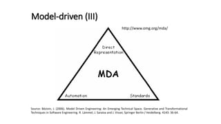 The OMG MDA initial proposal may be defined as the
realization of MDE principles around a set of OMG
standards like MOF, XMI, OCL, UML, CWM, and SPEM.
Model-driven (II)
Source: Bézivin, J. (2006). Model Driven Engineering: An Emerging Technical Space. Generative and Transformational
Techniques in Software Engineering. R. Lämmel, J. Saraiva and J. Visser, Springer Berlin / Heidelberg. 4143: 36-64.
 