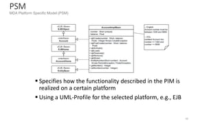 PIM
MDA Platform Independent Model (PIM)
 specification of
structure and behaviour
of a system, abstracted
from technologicical
details
 Using the UML(optional)
 Abstraction of structur and behaviour of a system with the PIM simplifies the
following:
 Validation for correctness of the model
 Create implementations on different platforms
 Tool support during implementation
50
 
