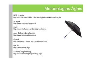 Metodologias Ágeis
MSF for Agile
http://lab.msdn.microsoft.com/teamsystem/workshop/msfagile/

SCRUM
http://www.controlchaos.com/

FDD
http://www.featuredrivendevelopment.com/

Lean Software Development
http://www.poppendieck.com/

Crystal
http://alistair.cockburn.us/crystal/crystal.html

DSDM
http://www.dsdm.org/

eXtreme Programming
http://www.extremeprogramming.org/
 