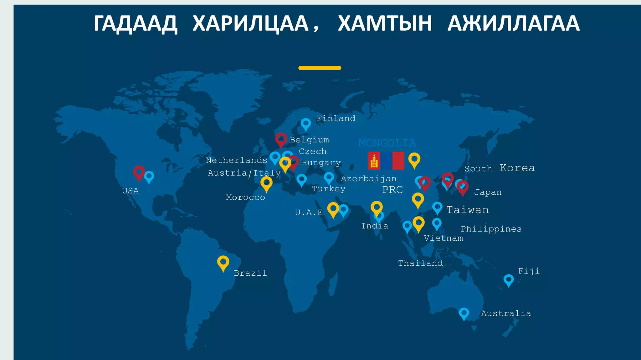 ГАДААД ХАРИЛЦАА, ХАМТЫН АЖИЛЛАГАА
USA
U.A.E
MONGOLIA
Taiwan
PRC
South Korea
Philippines
Czech
Finland
India
Australia
Vietnam
Turkey Japan
Azerbaijan
Netherlands
Fiji
Hungary
Belgium
Brazil
Thailand
Morocco
Austria/Italy
 