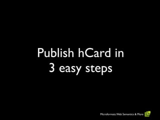Publish hCard in
  3 easy steps


           Microformats: Web Semantics & More
 