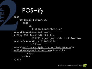 2           POSHify
STEP

       <dl>
          <dt>Emily Lewis</dt>
             <dd>
                <ul>
                   <li><a href="http://
       www.ablognotlimited.com">
       A Blog Not Limited</a></li>
                   <li>Albuquerque, <abbr title="New
       Mexico">NM</abbr> 87106</li>
                   <li><a
       href="mailto:emily@ablognotlimited.com">
       emily@ablognotlimited.com</a></li>
                </ul>
             </dd>
       </dl>

                                    Microformats: Web Semantics & More
 