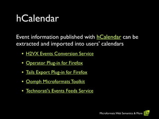 hCalendar
Event information published with hCalendar can be
extracted and imported into users' calendars
  • H2VX Events Conversion Service
  • Operator Plug-in for Firefox
  • Tails Export Plug-in for Firefox
  • Oomph Microformats Toolkit
  • Technorati's Events Feeds Service


                                        Microformats: Web Semantics & More
 