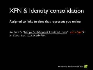 XFN & Identity consolidation
Assigned to links to sites that represent you online:


<a href="http://ablognotlimited.com" ...