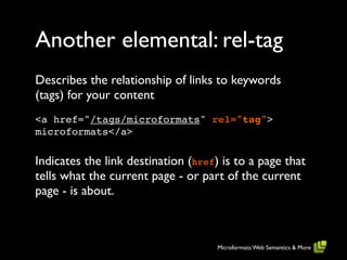Another elemental: rel-tag
Describes the relationship of links to keywords
(tags) for your content
<a href="/tags/microfor...