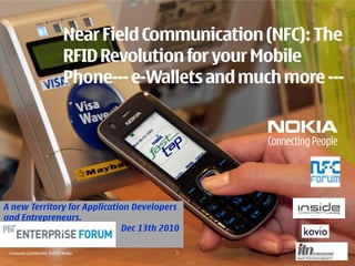 Near Field Communication (NFC): The
                             RFID Revolution for your Mobile
                             Phone--- e-Wallets and much more ---




A new Territory for Application Developers
and Entrepreneurs.
MIT Enterprise Forum 13th Dec 13th 2010

 Company Confidential. ©2010 Nokia         1
 
