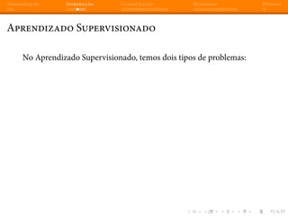 Apresentação Introdução Classificação Regressão Dúvidas
Aprendizado Supervisionado
No Aprendizado Supervisionado, temos dois tipos de problemas:
 
