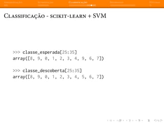Apresentação Introdução Classificação Regressão Dúvidas
Classificação - scikit-learn + SVM
>>> classe_esperada[25:35]
array([8, 9, 0, 1, 2, 3, 4, 9, 6, 7])
>>> classe_descoberta[25:35]
array([8, 9, 0, 1, 2, 3, 4, 5, 6, 7])
 