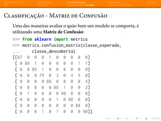 Apresentação Introdução Classificação Regressão Dúvidas
Classificação - Matriz de Confusão
Uma das maneiras avaliar o quão bem um modelo se comporta, é
utilizando uma Matriz de Confusão:
>>> from sklearn import metrics
>>> metrics.confusion_matrix(classe_esperada,
... classe_descoberta)
[[87 0 0 0 1 0 0 0 0 0]
[ 0 88 1 0 0 0 0 0 1 1]
[ 0 0 85 1 0 0 0 0 0 0]
[ 0 0 0 79 0 3 0 4 5 0]
[ 0 0 0 0 88 0 0 0 0 4]
[ 0 0 0 0 0 88 1 0 0 2]
[ 0 1 0 0 0 0 90 0 0 0]
[ 0 0 0 0 0 1 0 88 0 0]
[ 0 0 0 0 0 0 0 0 88 0]
[ 0 0 0 1 0 1 0 0 0 90]]
 