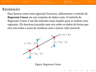 Apresentação Introdução Classificação Regressão Dúvidas
Regressão
Para ilustrar como uma regressão funciona, utilizaremos o método de
Regressão Linear em um conjunto de dados reais. O método de
Regressão Linear é um dos métodos mais simples para se realizar uma
regressão. Ele funciona traçando uma reta sobre os dados de forma que
esta reta tenha a soma de residuais com o menor valor possível.
Figura: Regressao Linear
 