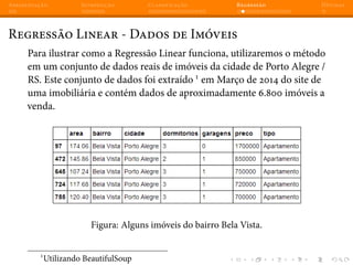 Apresentação Introdução Classificação Regressão Dúvidas
Regressão Linear - Dados de Imóveis
Para ilustrar como a Regressão Linear funciona, utilizaremos o método
em um conjunto de dados reais de imóveis da cidade de Porto Alegre /
RS. Este conjunto de dados foi extraído 1
em Março de 2014 do site de
uma imobiliária e contém dados de aproximadamente 6.800 imóveis a
venda.
Figura: Alguns imóveis do bairro Bela Vista.
1
Utilizando BeautifulSoup
 