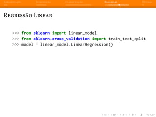 Apresentação Introdução Classificação Regressão Dúvidas
Regressão Linear
>>> from sklearn import linear_model
>>> from sklearn.cross_validation import train_test_split
>>> model = linear_model.LinearRegression()
 