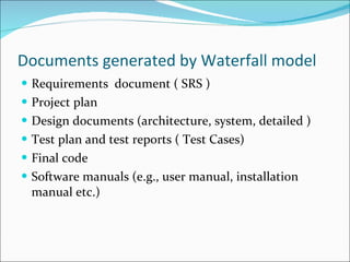Documents generated by Waterfall model Requirements  document ( SRS ) Project plan Design documents (architecture, system, detailed ) Test plan and test reports ( Test Cases) Final code Software manuals (e.g., user manual, installation manual etc.) 