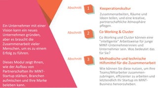 Kooperationskultur
Zusammenarbeiten, Räume und
Ideen teilen, und eine kreative,
partnerschaftliche Atmosphäre
pflegen.
auf einmal
Abschnitt 1
Ein Unternehmer mit einer
Vision kann ein neues
Unternehmen gründen,
aber es braucht die
Zusammenarbeit vieler
Menschen, um es zu einem
Erfolg zu führen.
Dieses Modul zeigt Ihnen,
wie der Aufbau von
Partnerschaften Ihr MINT-
Startup stärken, Branchen
aufmischen und Ihre Marke
beleben kann.
Abschnitt 2
Abschnitt 3 Collaboration Tech Tools - wie Sie diese nutzen können, um Ihre
Mitarbeiter zusammenzubringen, effizienter zu arbeiten und letztendlich
Ihr Start up STEM-Geschäft zu steigern.
Methodische und technische
Hilfsmittel für die Zusammenarbeit
Wie können Sie diese nutzen, um Ihre
Teams/Mitarbeiter zusammen-
zubringen, effizienter zu arbeiten und
letztendlich Ihr Startup im MINT-
Business hervorzuheben.
Co Working & Cluster
Co Working und Cluster können eine
"intelligente" Arbeitsweise für junge
MINT-Unternehmerinnen und
Unternehmer sein. Was bedeutet das
für Sie?
 