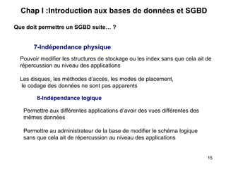 7-Indépendance physique
Pouvoir modifier les structures de stockage ou les index sans que cela ait de
répercussion au niveau des applications
Les disques, les méthodes d’accès, les modes de placement,
le codage des données ne sont pas apparents
Permettre aux différentes applications d’avoir des vues différentes des
mêmes données
Permettre au administrateur de la base de modifier le schéma logique
sans que cela ait de répercussion au niveau des applications
8-Indépendance logique
Que doit permettre un SGBD suite… ?
Chap I :Introduction aux bases de données et SGBD
15
 
