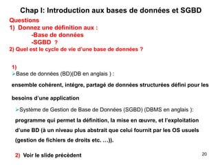 Système de Gestion de Base de Données (SGBD) (DBMS en anglais ):
programme qui permet la définition, la mise en œuvre, et l’exploitation
d’une BD (à un niveau plus abstrait que celui fournit par les OS usuels
(gestion de fichiers de droits etc. …)).
1)
Base de données (BD)(DB en anglais ) :
ensemble cohérent, intégre, partagé de données structurées défini pour les
besoins d’une application
Chap I: Introduction aux bases de données et SGBD
20
Questions
1) Donnez une définition aux :
-Base de données
-SGBD ?
2) Quel est le cycle de vie d’une base de données ?
2) Voir le slide précèdent
 