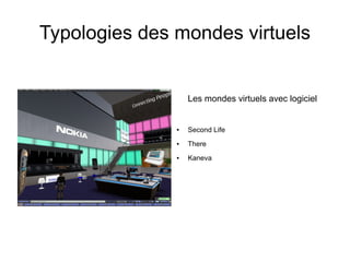 Typologies des mondes virtuels


                   Les mondes virtuels avec logiciel


               ●   Second Life
               ●   There
               ●   Kaneva
 