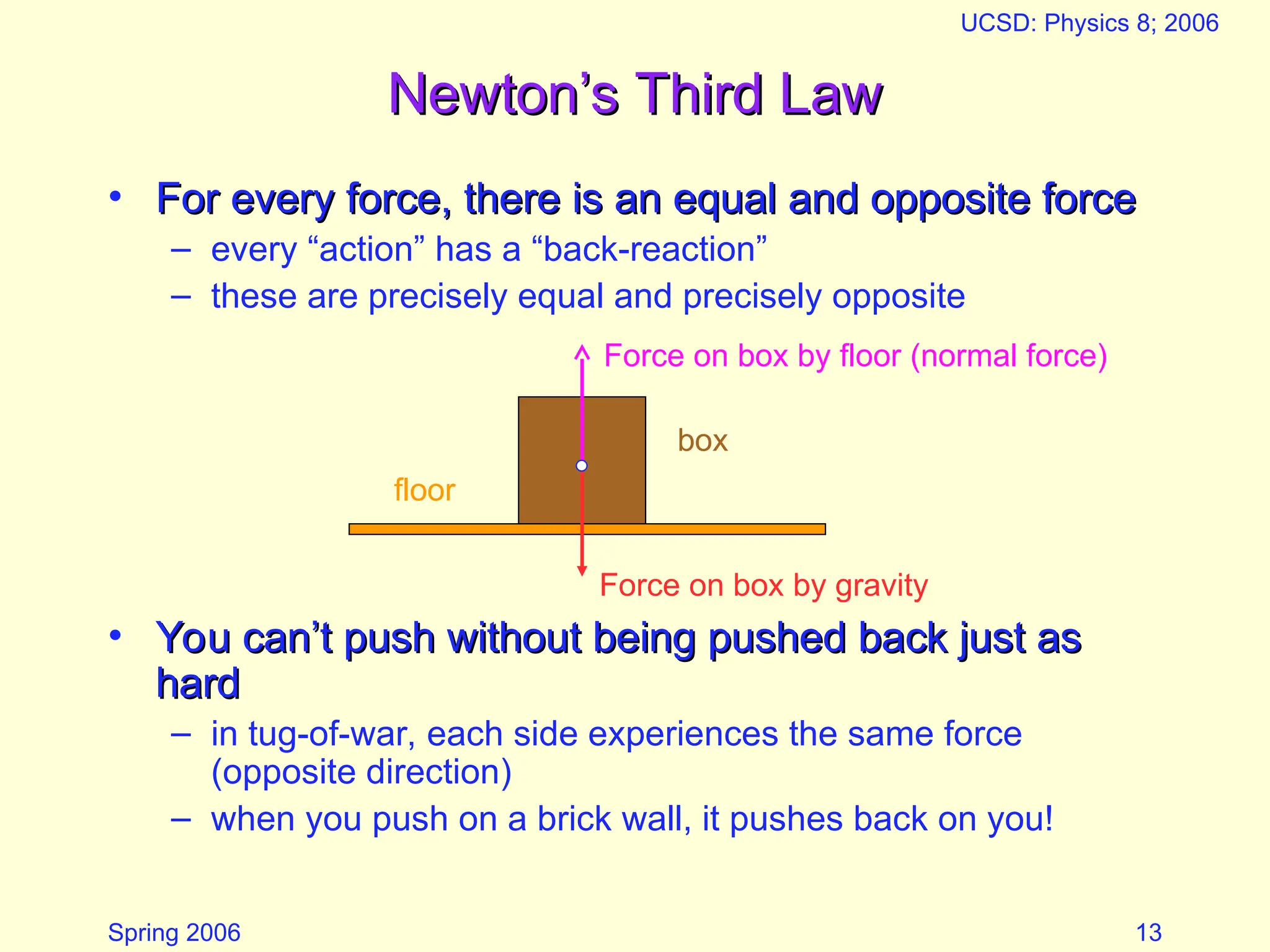 Spring 2006
UCSD: Physics 8; 2006
13
Newton’s Third Law
Newton’s Third Law
• For every force, there is an equal and opposite force
For every force, there is an equal and opposite force
– every “action” has a “back-reaction”
– these are precisely equal and precisely opposite
• You can’t push without being pushed back just as
You can’t push without being pushed back just as
hard
hard
– in tug-of-war, each side experiences the same force
(opposite direction)
– when you push on a brick wall, it pushes back on you!
Force on box by floor (normal force)
Force on box by gravity
box
floor
 