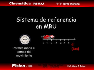Sistema de referencia en MRU Permite medir el tiempo del movimiento d (km) 0 1 2 3 4 5 6 