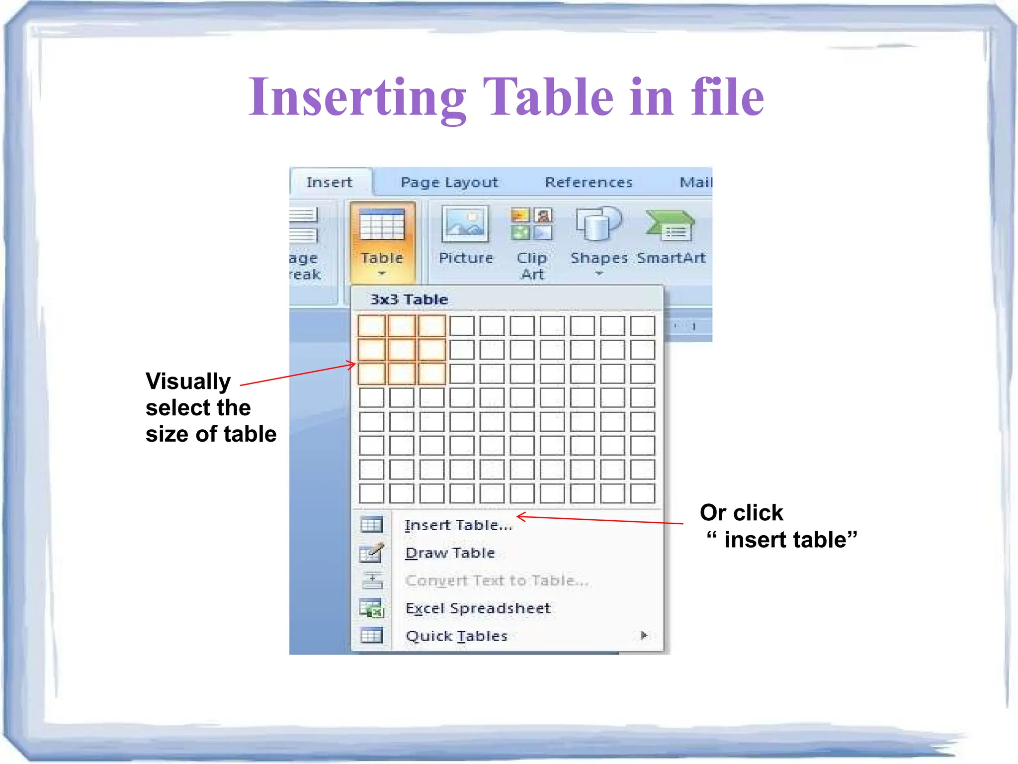 Inserting Table in file
Visually
select the
size of table
Or click
“ insert table”
 