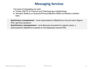 Messaging Services 
Учебный центр Модикон-Киев 
NET Services 
6 
-Synchronous (синхронные) – если заканчивается обработка в том же скане Задачи ПЛК, где была вызвана; 
-Asynchronous (асинхронные) – если функция вызывается в одном скане, а заканчивается обработка в одном из последующих сканов ПЛК;  
