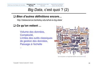 Copyright L.Tamine-Lechani & L. Soulier 18
q Bien d’autres définitions encore…
http://datascience.berkeley.edu/what-is-big-data/
q Ce qu’on retient …
Volume des données,
Complexité,
Limites des outils classiques
de gestion des données,
Passage à l’échelle
..
Big Data, c’est quoi ? (2)
Emergence des
Big Data
Historique des Bases de Données
Approches et solutions
autour des Big Data
Vocabulaire autour des
Big Data
 
