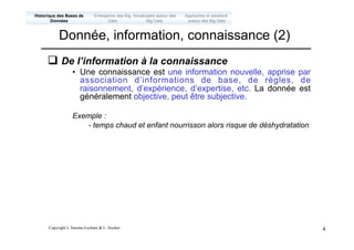 Copyright L.Tamine-Lechani & L. Soulier 4
q De l’information à la connaissance
• Une connaissance est une information nouvelle, apprise par
association d’informations de base, de règles, de
raisonnement, d’expérience, d’expertise, etc. La donnée est
généralement objective, peut être subjective.
Exemple :
- temps chaud et enfant nourrisson alors risque de déshydratation
Donnée, information, connaissance (2)
Emergence des Big
Data
Historique des Bases de
Données
Approches et solutions
autour des Big Data
Vocabulaire autour des
Big Data
 