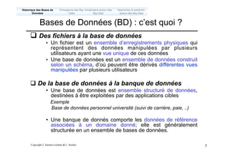 Copyright L.Tamine-Lechani & L. Soulier 5
q Des fichiers à la base de données
• Un fichier est un ensemble d’enregistrements physiques qui
représentent des données manipulées par plusieurs
utilisateurs ayant une vue unique de ces données
• Une base de données est un ensemble de données construit
selon un schéma, d’où peuvent être dérivés différentes vues
manipulées par plusieurs utilisateurs
q De la base de données à la banque de données
• Une base de données est ensemble structuré de données,
destinées à être exploitées par des applications cibles
Exemple
Base de données personnel université (suivi de carrière, paie, ..)
• Une banque de donnés comporte les données de référence
associées à un domaine donné; elle est généralement
structurée en un ensemble de bases de données.
Emergence des Big
Data
Historique des Bases de
Données
Approches et solutions
autour des Big Data
Vocabulaire autour des
Big Data
Bases de Données (BD) : c’est quoi ?
 