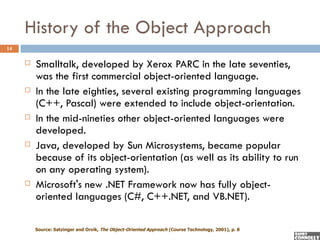 History of the Object Approach
14

        Smalltalk, developed by Xerox PARC in the late seventies,
         was the first commercial object-oriented language.
        In the late eighties, several existing programming languages
         (C++, Pascal) were extended to include object-orientation.
        In the mid-nineties other object-oriented languages were
         developed.
        Java, developed by Sun Microsystems, became popular
         because of its object-orientation (as well as its ability to run
         on any operating system).
        Microsoft's new .NET Framework now has fully object-
         oriented languages (C#, C++.NET, and VB.NET).

         Source: Satzinger and Orvik, The Object-Oriented Approach (Course Technology, 2001), p. 8
 