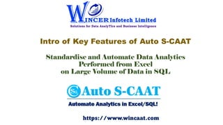 Intro of Key Features of Auto S-CAAT
Standardise and Automate Data Analytics
Performed from Excel
on Large Volume of Data in SQL
https://www.wincaat.com
 