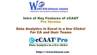 Intro of Key Features of eCAAT
Pro Version
Data Analytics in Excel in a few Clicks!
For CA and their Teams
https://www.wincaat.com
 
